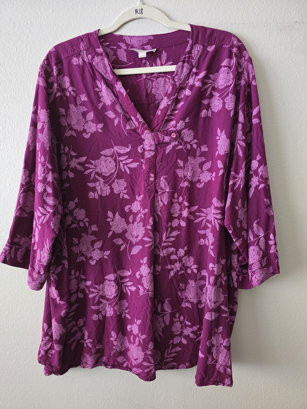 Woman Within Floral V-Neck Tunic Top in Magenta and Light Pink